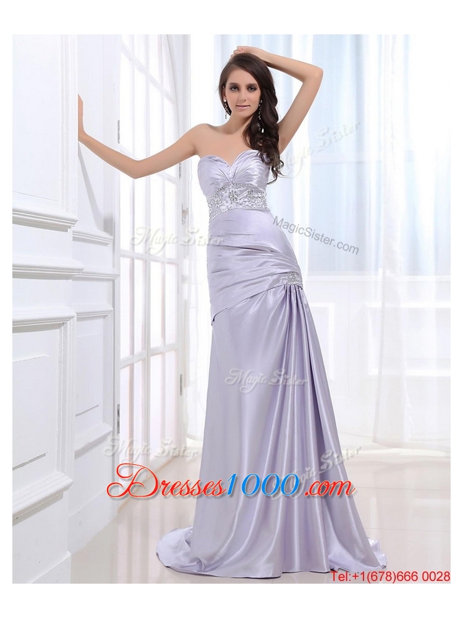 Beautiful Column Elastic Woven Satin Prom Dresses with Beading