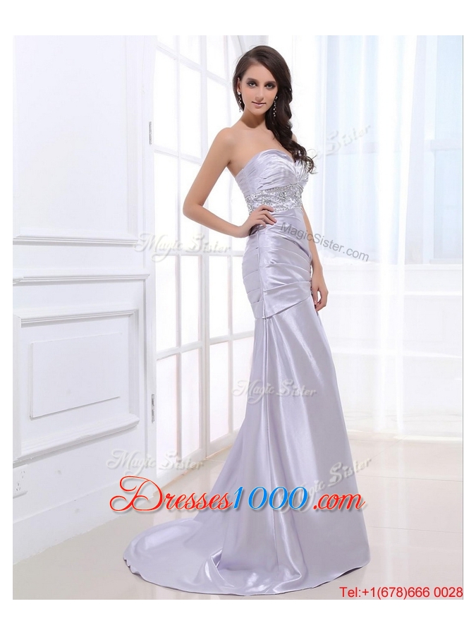 Beautiful Column Elastic Woven Satin Prom Dresses with Beading