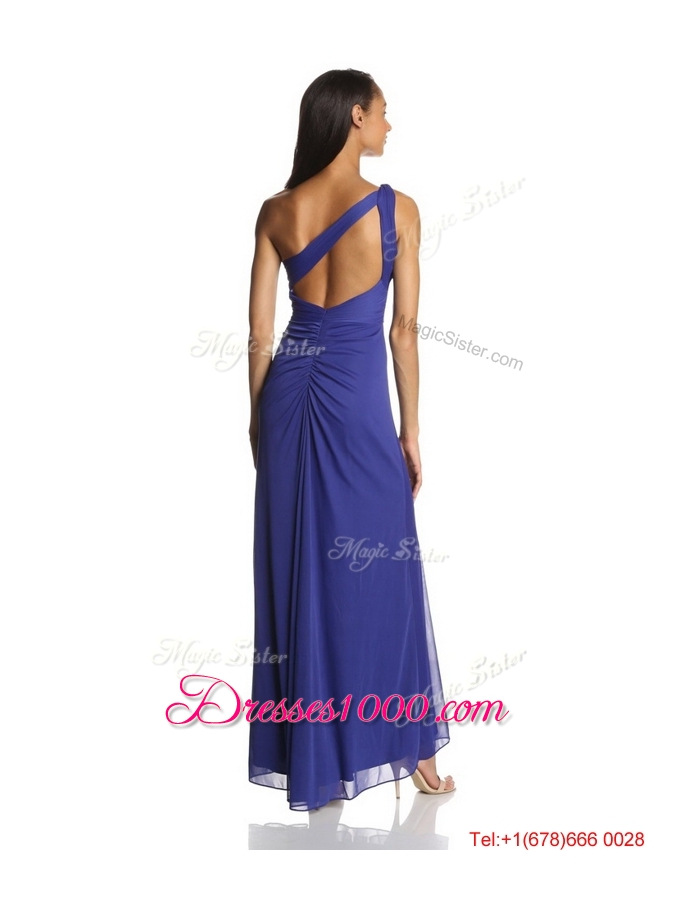 Beautiful Empire One Shoulder Ankle Length Chiffon Prom Dresses in Blue