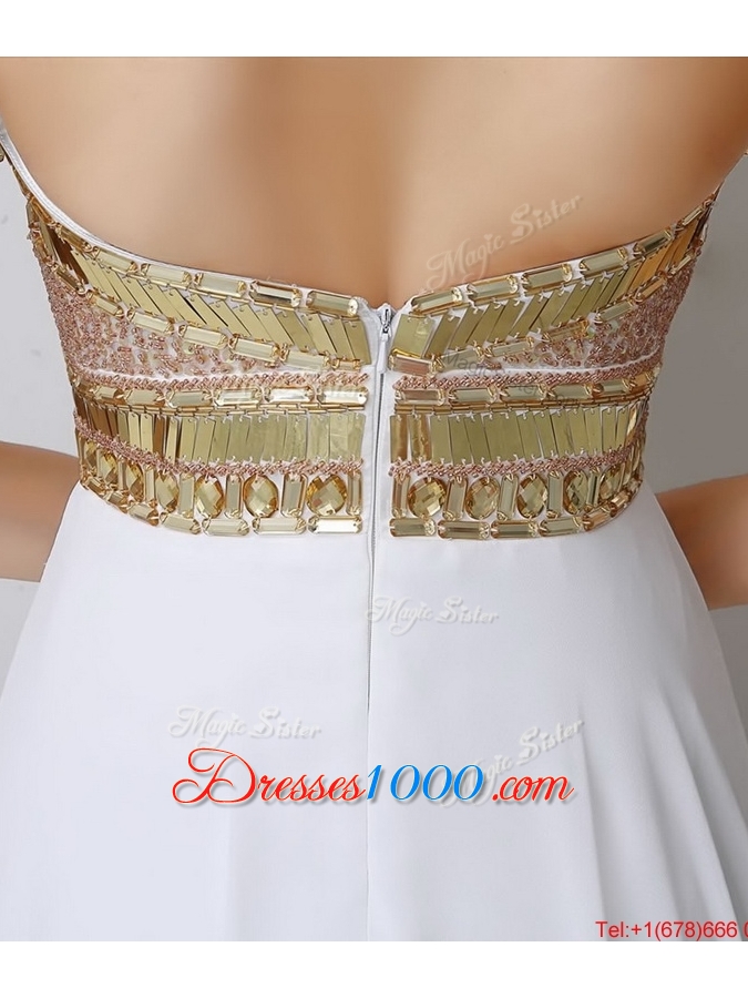 Beautiful Empire Sequined White Prom Dresses with Beading