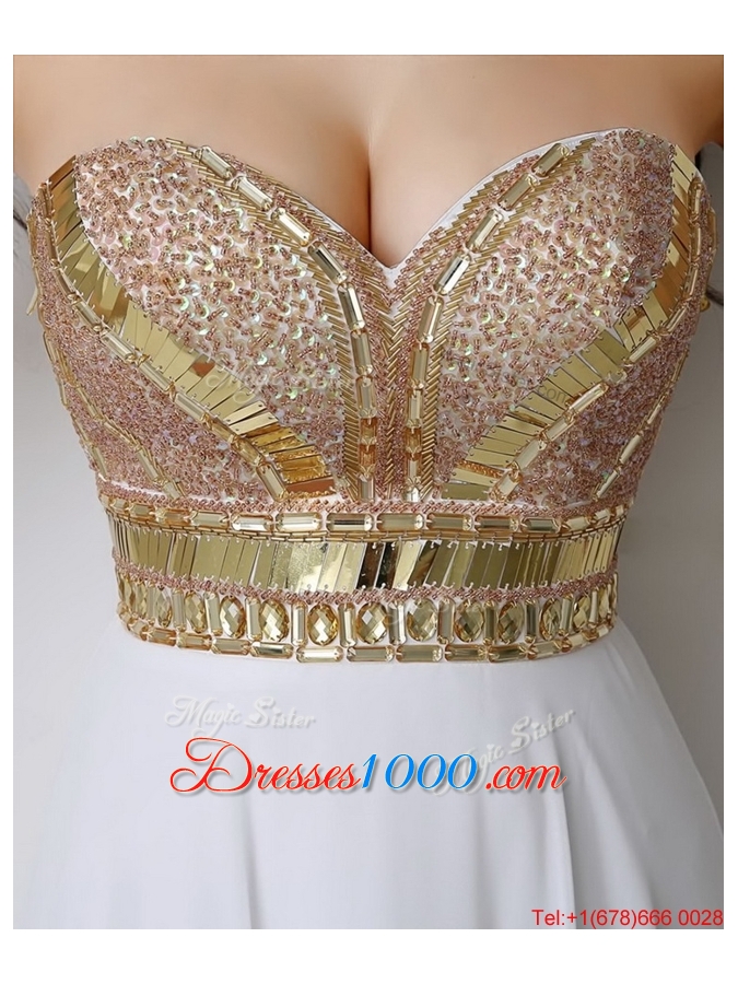 Beautiful Empire Sequined White Prom Dresses with Beading