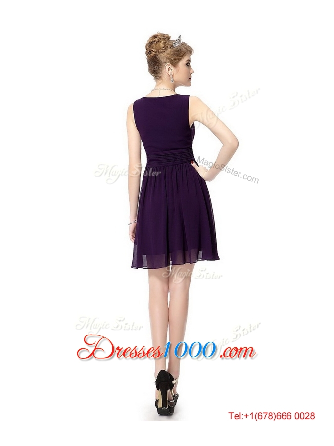 Beautiful V Neck Dark Purple Prom Dresses with Ruching