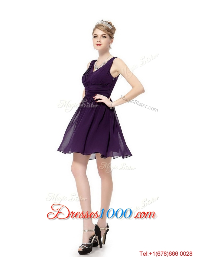 Beautiful V Neck Dark Purple Prom Dresses with Ruching