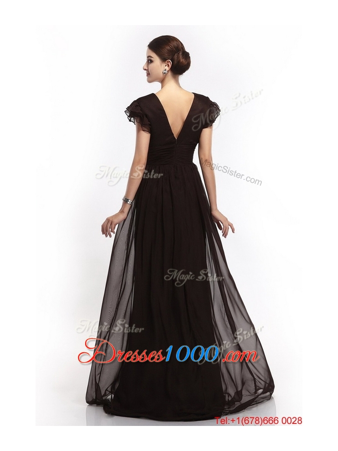 Hot Sale V Neck Ruching Empire Brush Train Prom Dresses in Black