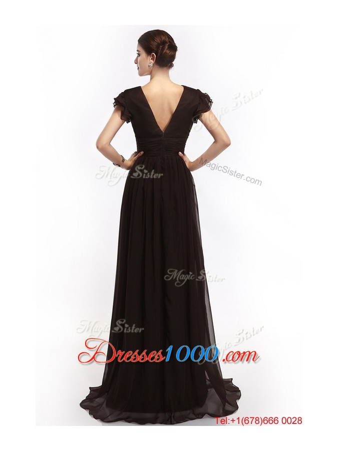 Hot Sale V Neck Ruching Empire Brush Train Prom Dresses in Black