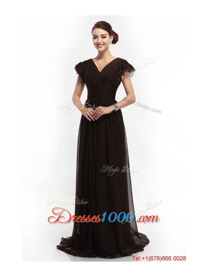 Hot Sale V Neck Ruching Empire Brush Train Prom Dresses in Black