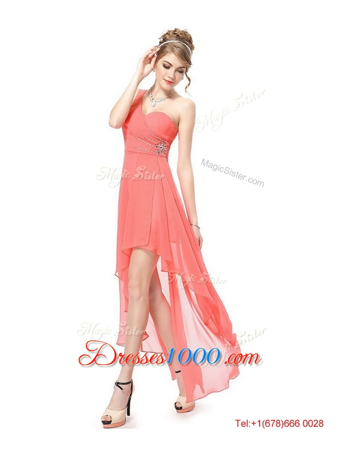 Latest High Low One Shoulder Prom Dresses with Side Zipper
