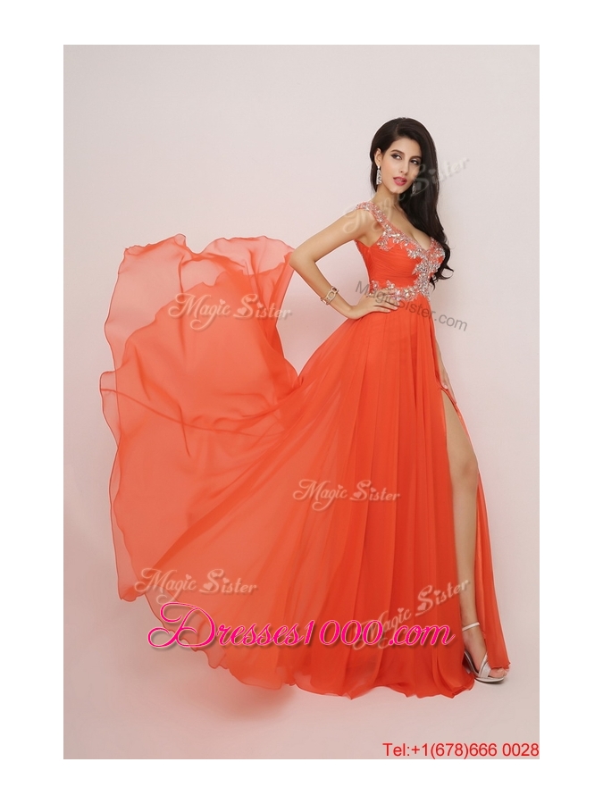 New Arrivals Brush Train Prom Dresses with High Slit and Beading