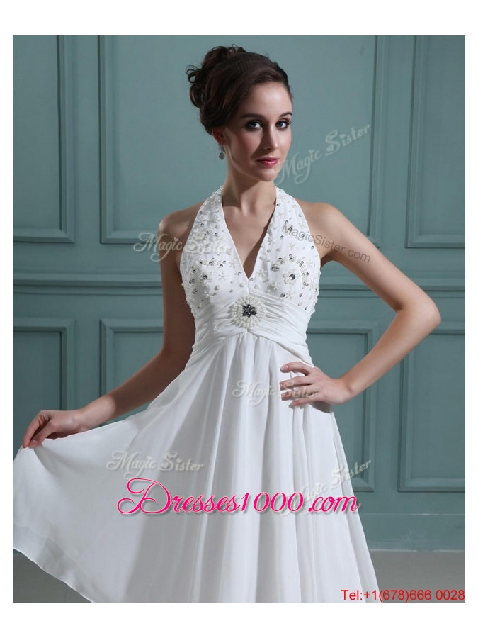 2016 Cheap Empire Halter Top White Prom Dresses with Beading