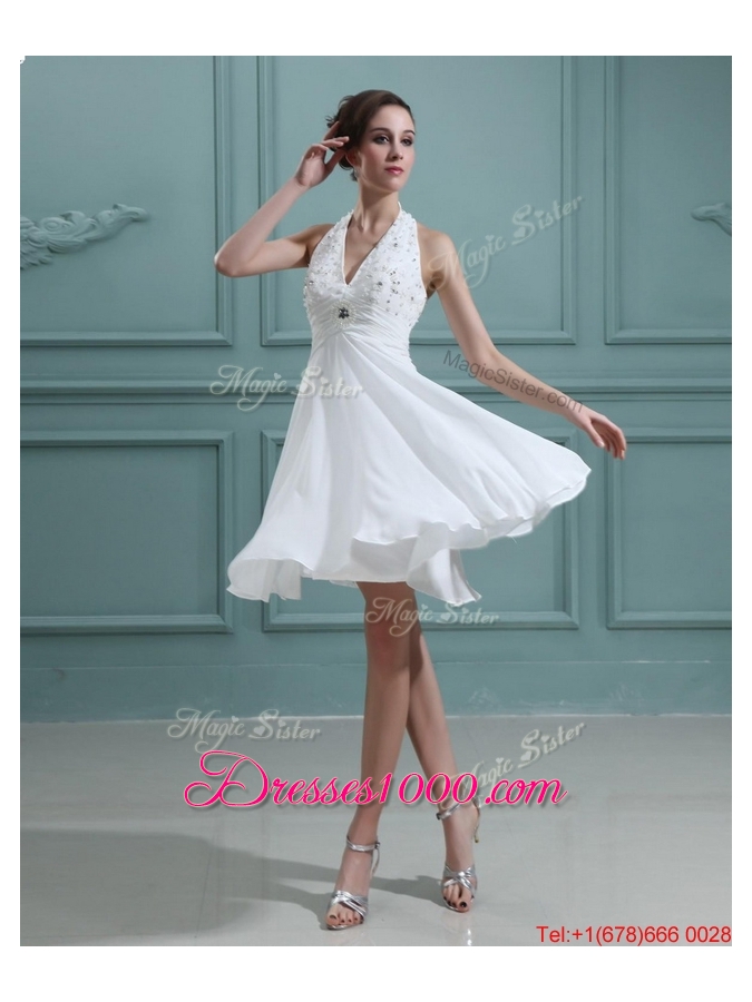 2016 Cheap Empire Halter Top White Prom Dresses with Beading