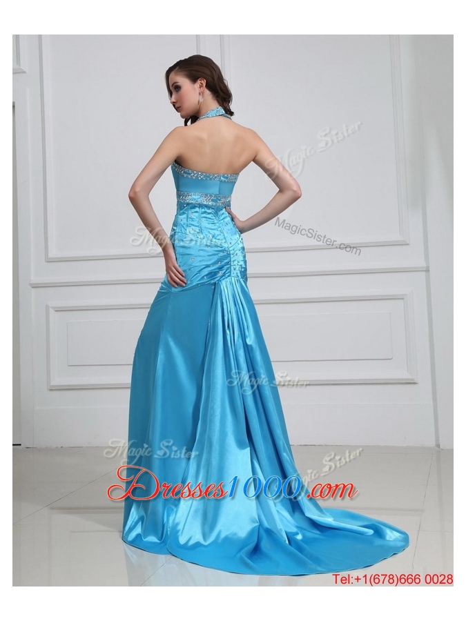 2016 Column Halter Top Brush Train Prom Dresses with High Slit