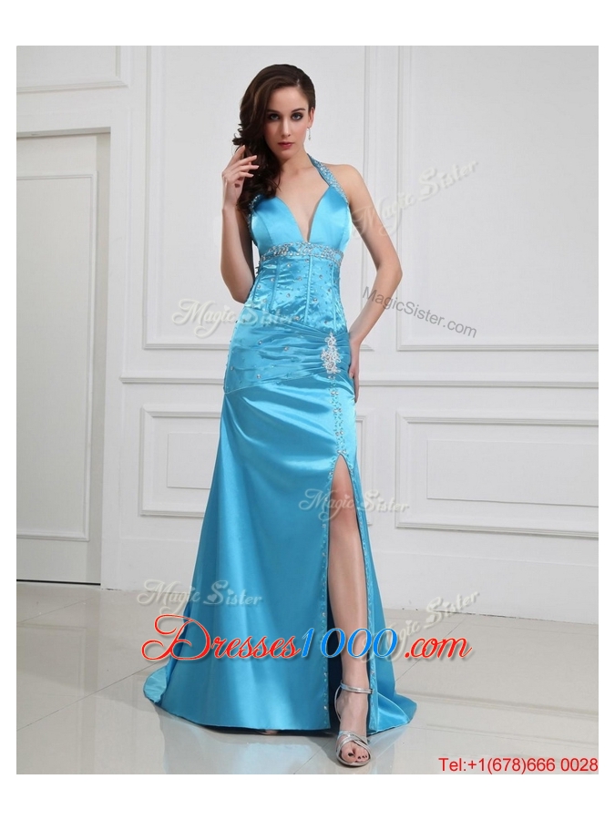 2016 Column Halter Top Brush Train Prom Dresses with High Slit