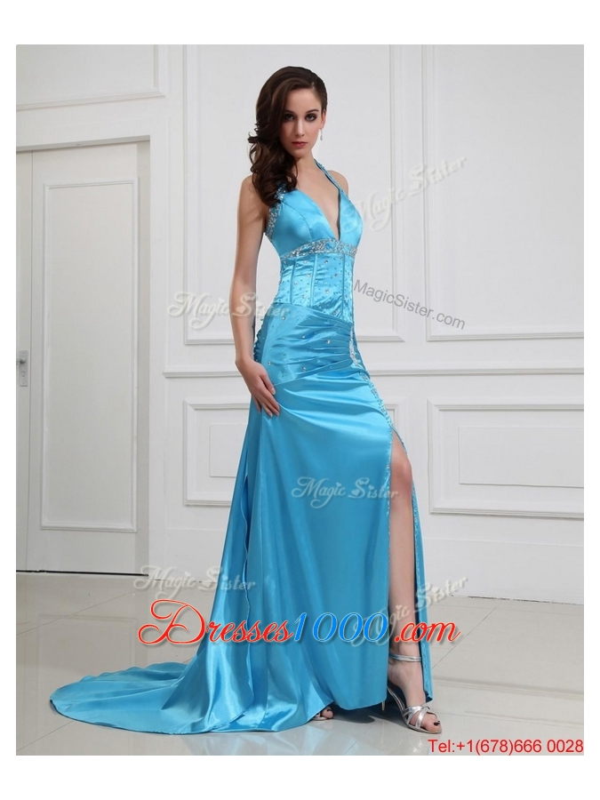 2016 Column Halter Top Brush Train Prom Dresses with High Slit