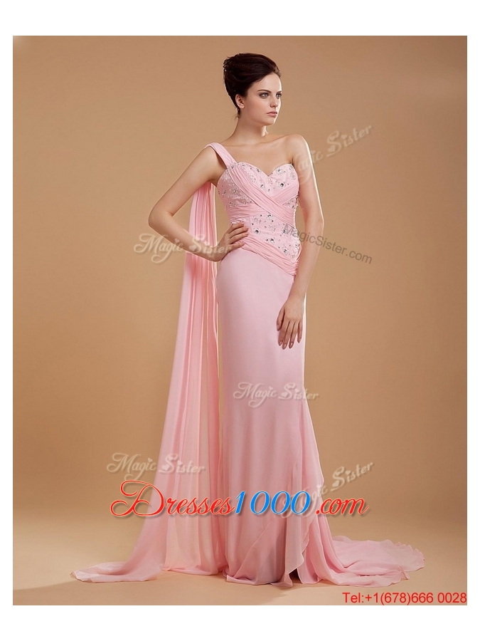 2016 Gorgeous Empire One Shoulder Brush Train Prom Dresses with Watteau Train