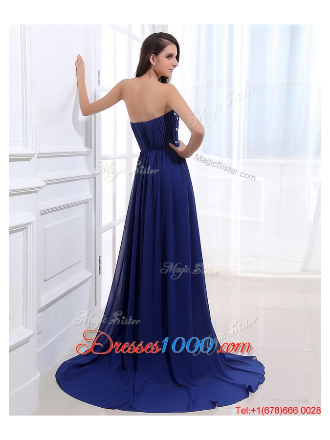 Beautiful Beading Brush Train Strapless Prom Dresses in Royal Blue for 2016