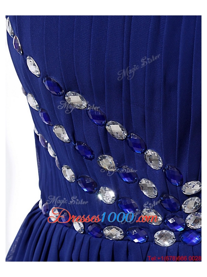Beautiful Beading Brush Train Strapless Prom Dresses in Royal Blue for 2016