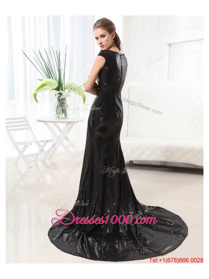 Beautiful Column Bateau Brush Train Sequins Prom Dresses in Black for 2016