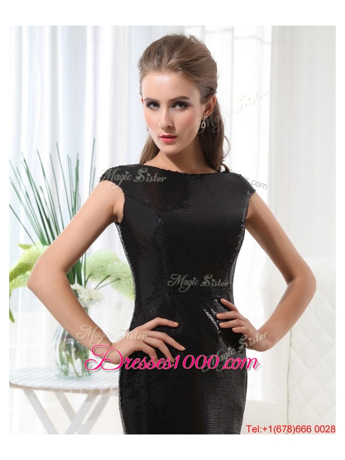 Beautiful Column Bateau Brush Train Sequins Prom Dresses in Black for 2016