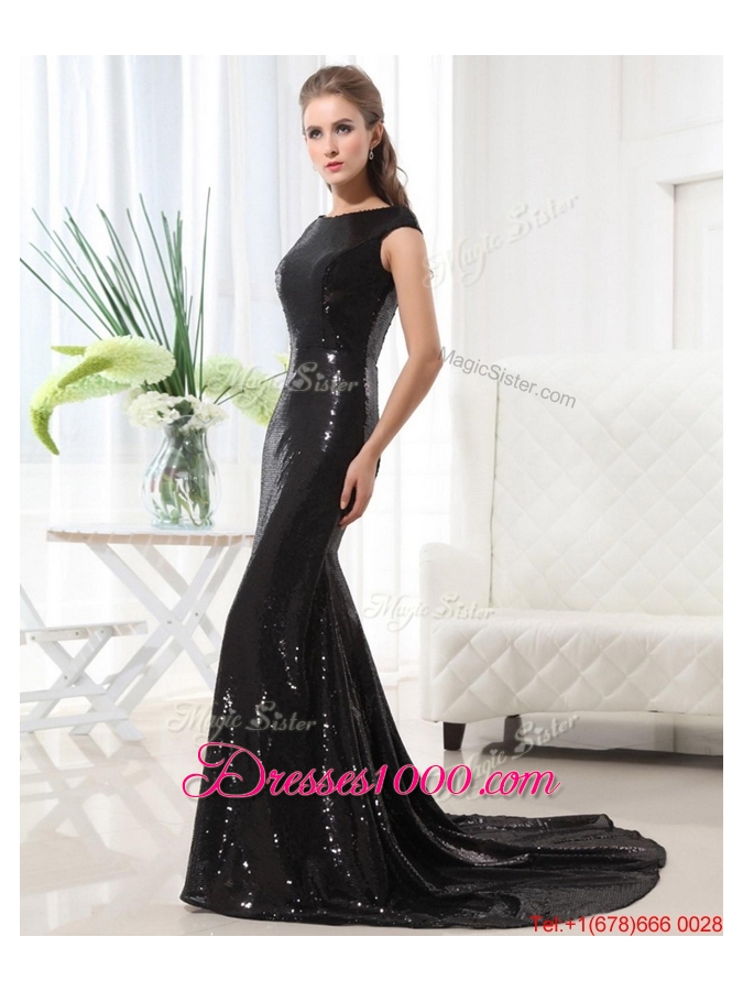 Beautiful Column Bateau Brush Train Sequins Prom Dresses in Black for 2016