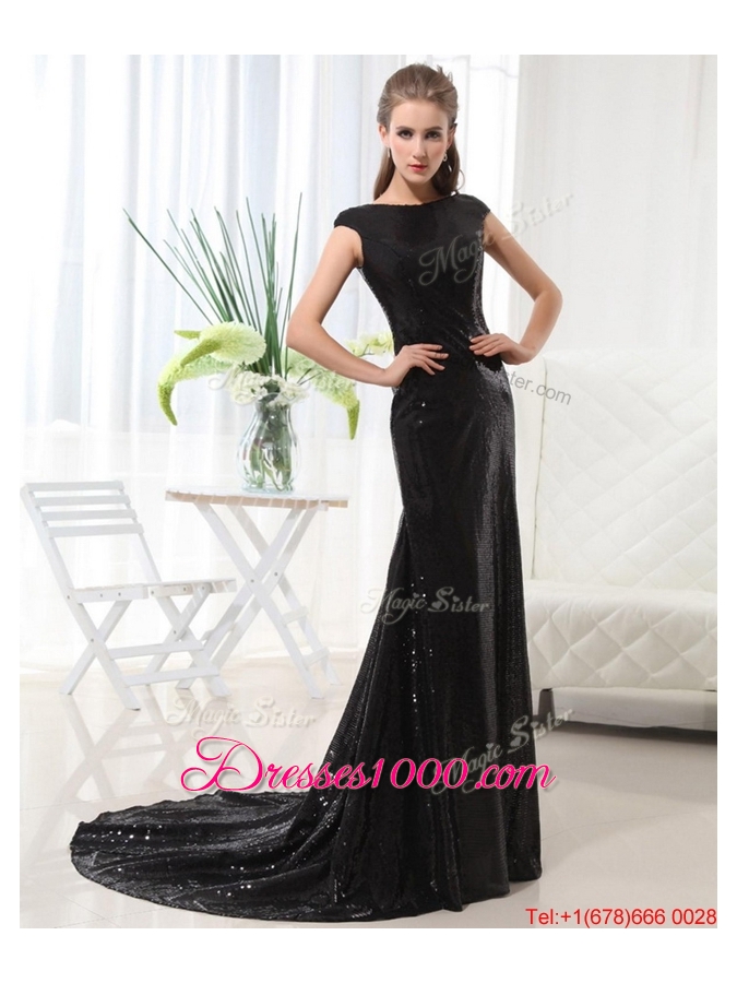 Beautiful Column Bateau Brush Train Sequins Prom Dresses in Black for 2016