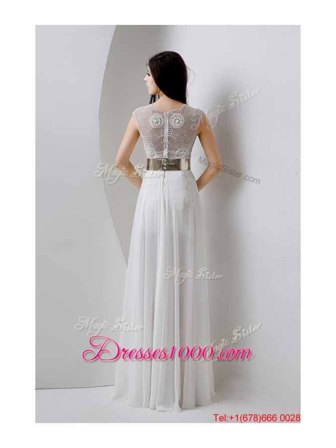 Classical Empire V Neck White Prom Dresses with Beading and Belt