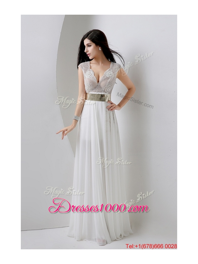 Classical Empire V Neck White Prom Dresses with Beading and Belt