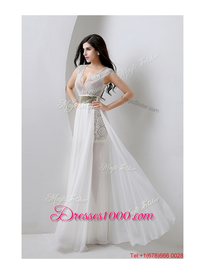 Classical Empire V Neck White Prom Dresses with Beading and Belt