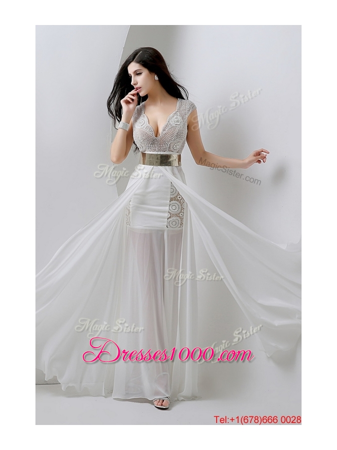 Classical Empire V Neck White Prom Dresses with Beading and Belt