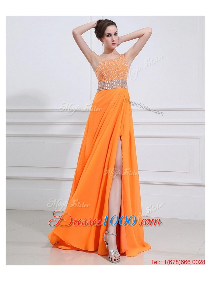 Exquisite Beading and High Slit Orange Prom Dresses with Brush Train