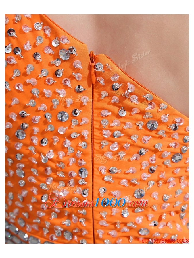 Exquisite Beading and High Slit Orange Prom Dresses with Brush Train