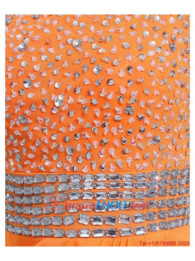 Exquisite Beading and High Slit Orange Prom Dresses with Brush Train