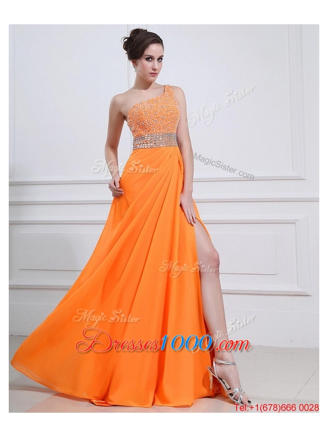 Exquisite Beading and High Slit Orange Prom Dresses with Brush Train