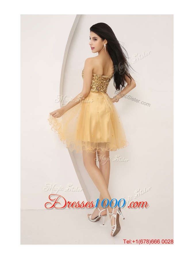 Luxurious A Line Gold Sweetheart Prom Gowns with Lace Up