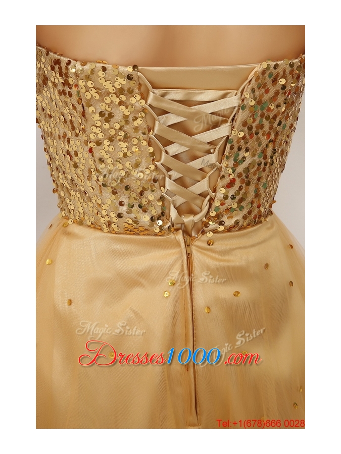 Luxurious A Line Gold Sweetheart Prom Gowns with Lace Up