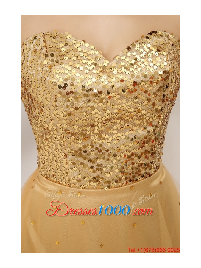 Luxurious A Line Gold Sweetheart Prom Gowns with Lace Up