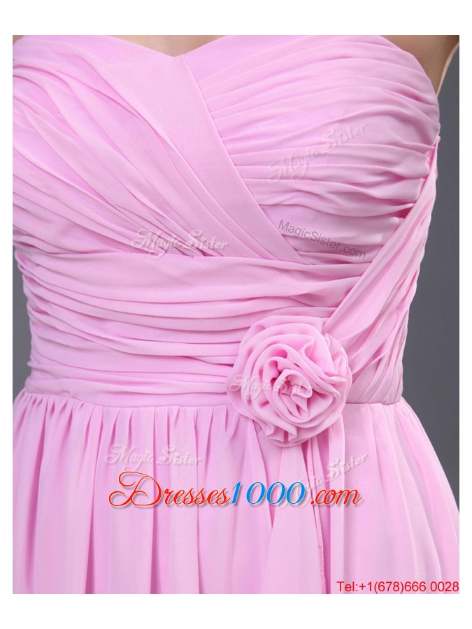 Modest Ruching and Hand Made Flower Prom Dress in Rose Pink