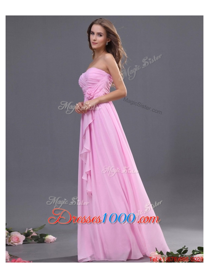 Modest Ruching and Hand Made Flower Prom Dress in Rose Pink