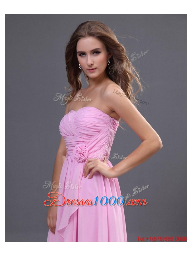 Modest Ruching and Hand Made Flower Prom Dress in Rose Pink