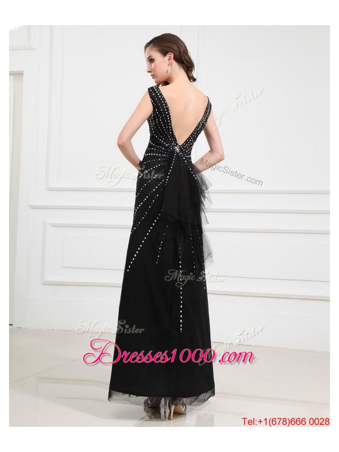 Popular Empire V Neck Beaded Backless Prom Dresses in Black for 2016