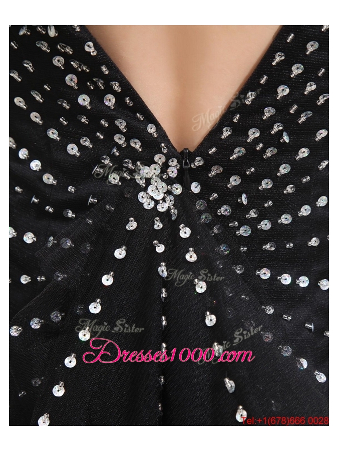 Popular Empire V Neck Beaded Backless Prom Dresses in Black for 2016