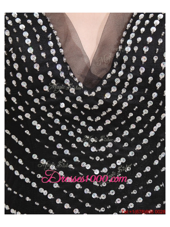Popular Empire V Neck Beaded Backless Prom Dresses in Black for 2016