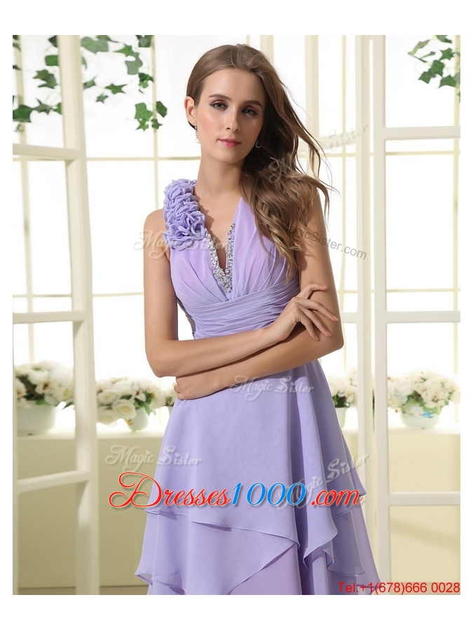 Pretty Empire V Neck Prom Dresses with High Low in Lavender