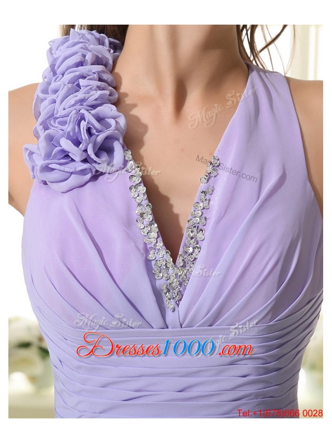 Pretty Empire V Neck Prom Dresses with High Low in Lavender