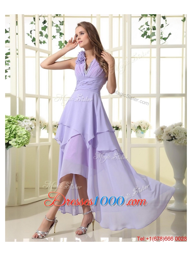 Pretty Empire V Neck Prom Dresses with High Low in Lavender