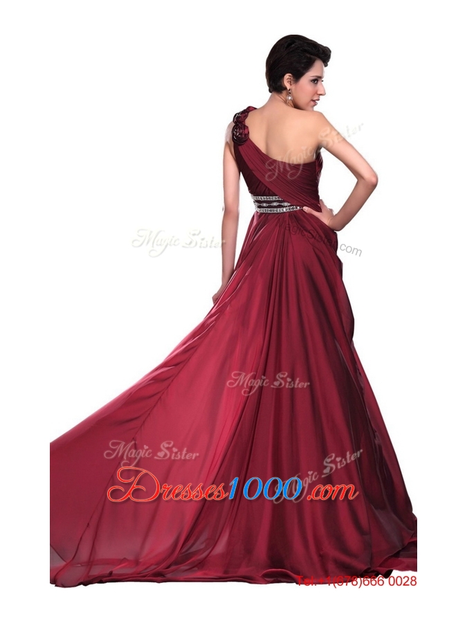 Wine Red Long Prom Dress with Beading and Hand Made Flowers