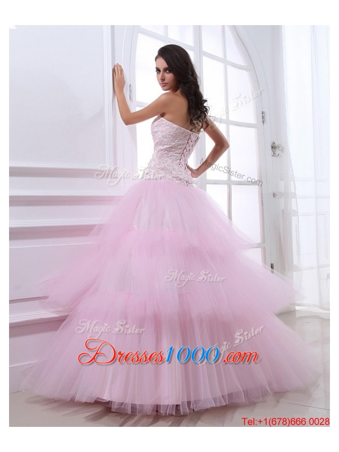 Wonderful Sweetheart Baby Pink Prom Dresses with Sequins and Ruffled Layers