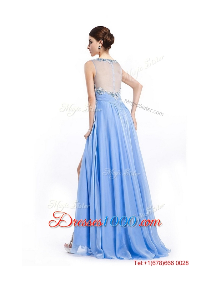 2016 Gorgeous Brush Train Prom Dresses with Appliques and High Slit