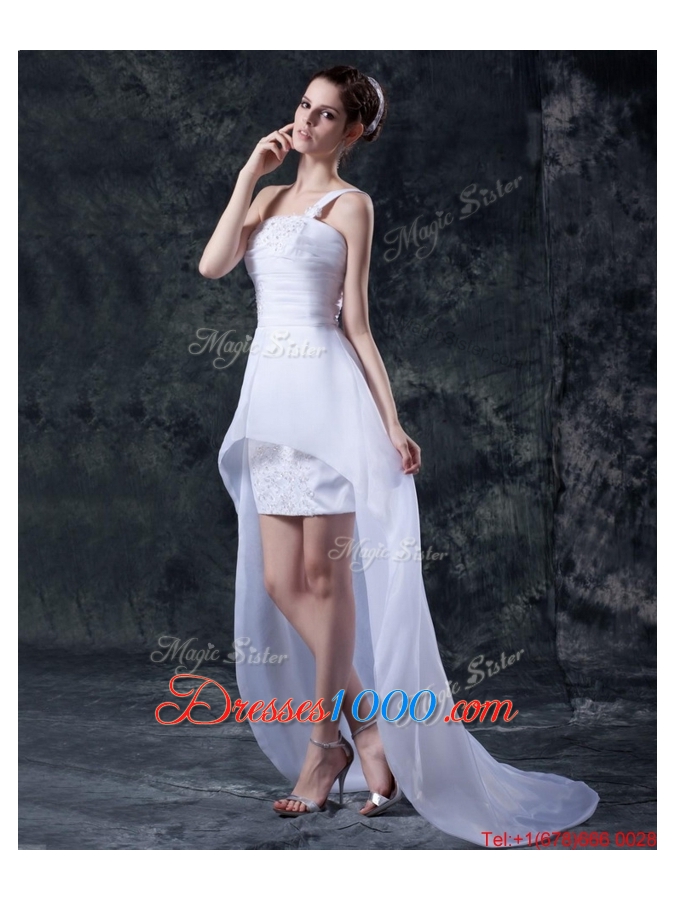 Great Affordable Column One Shoulder High low Wedding Dresses with Appliques