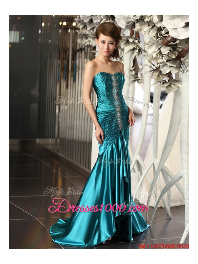 Luxurious Mermaid Brush Train Beaded Prom Dresses in Teal