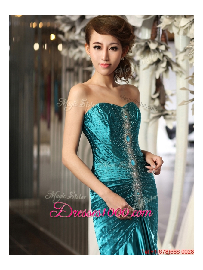 Luxurious Mermaid Brush Train Beaded Prom Dresses in Teal